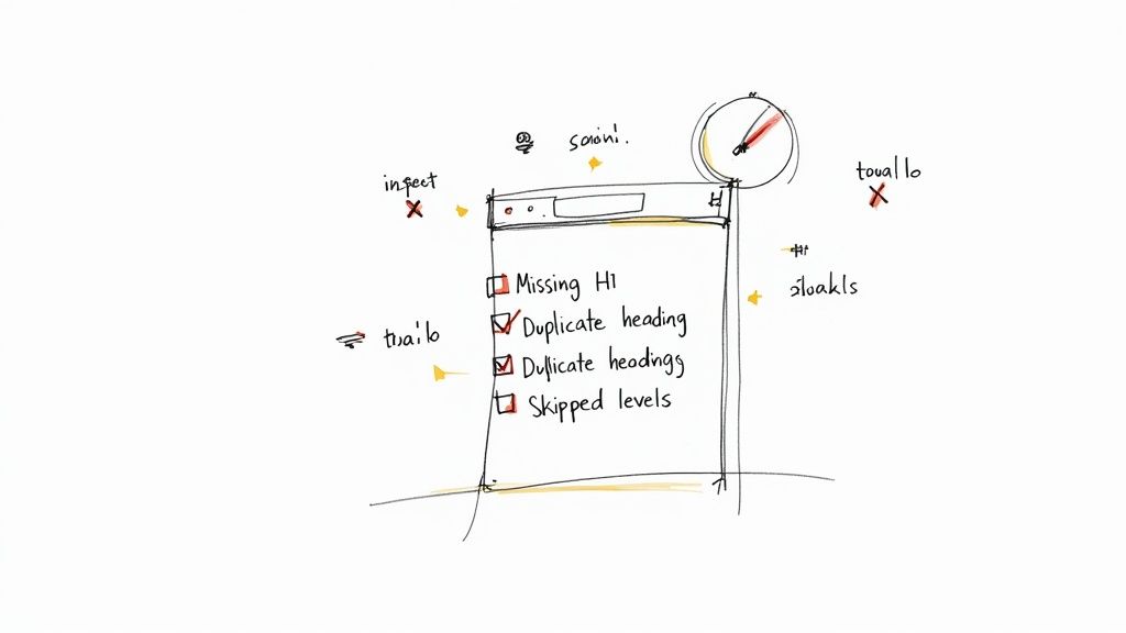 A hand-drawn browser window displaying an SEO checklist for H-tag errors like missing H1 and duplicate headings.