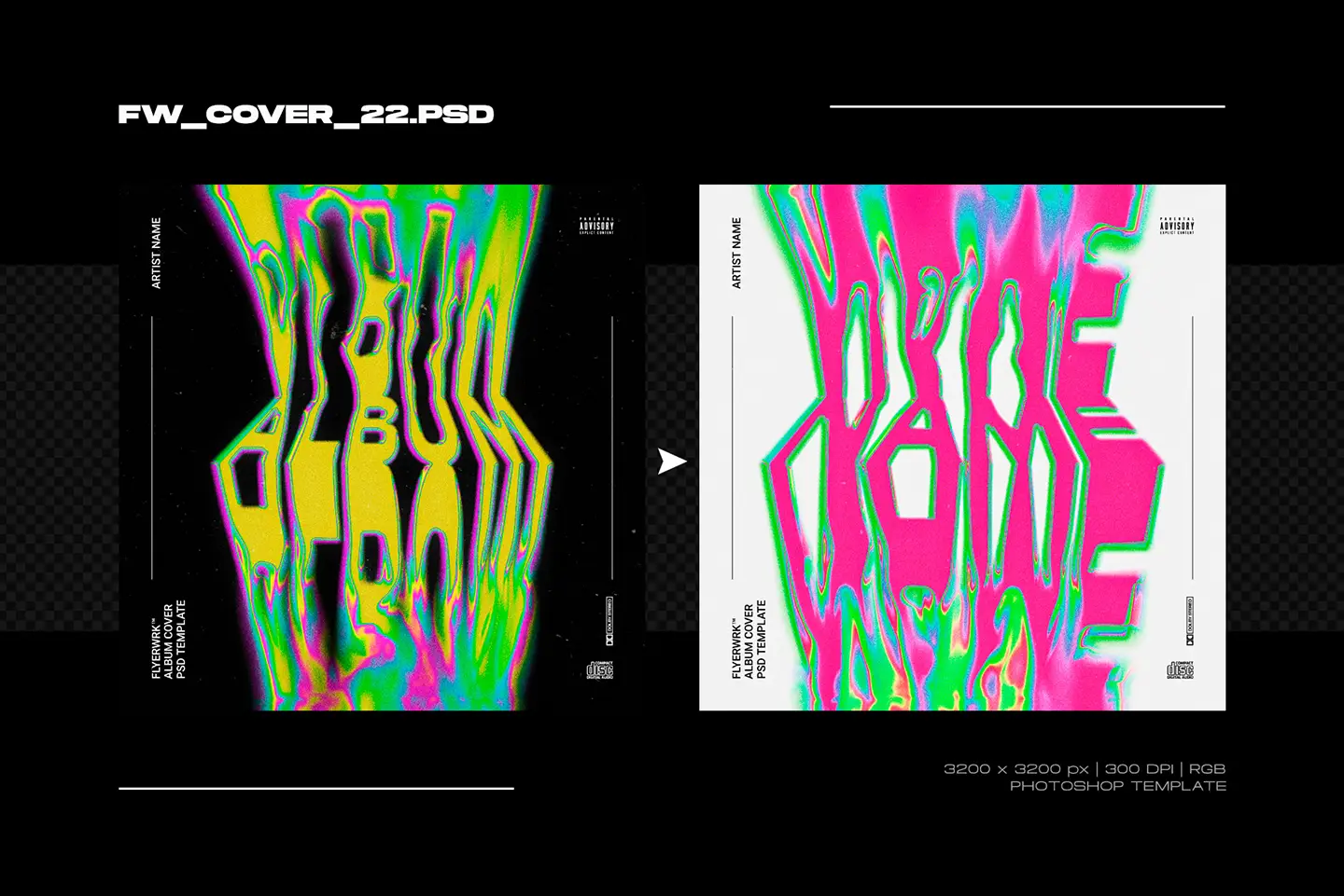 Artistic cover design template with neon pink and green warped typography on a black background