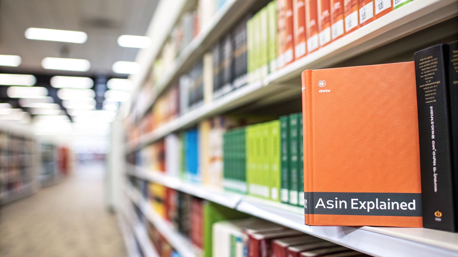 An orange book titled 'Asin Explained' stands on a white shelf in a brightly lit library.