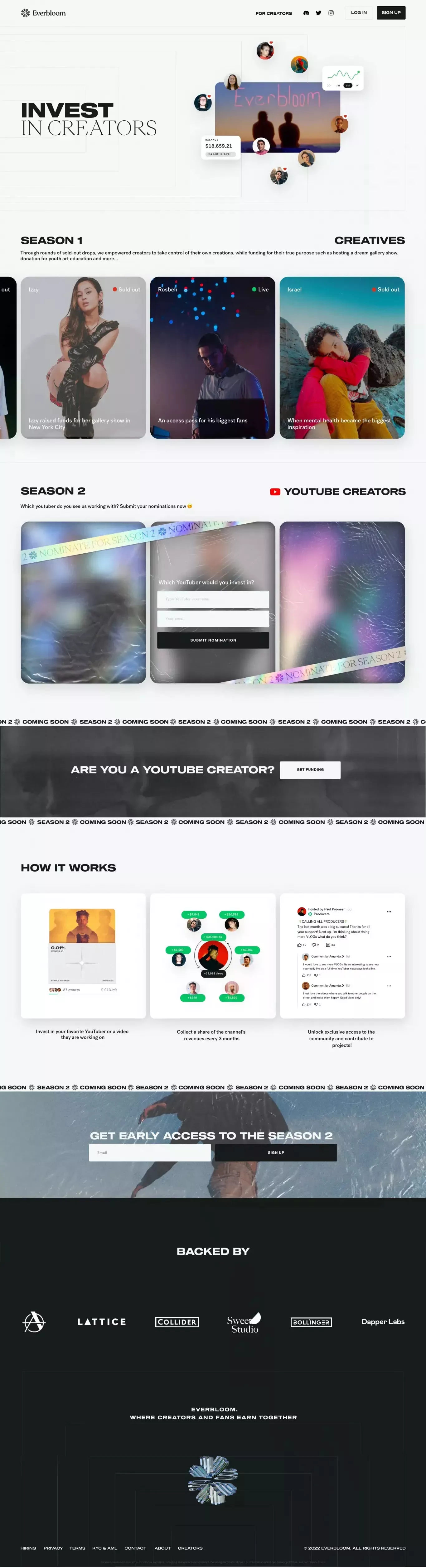 Everbloom App - Invest in creators landing page screenshot showcasing Design and Tech design