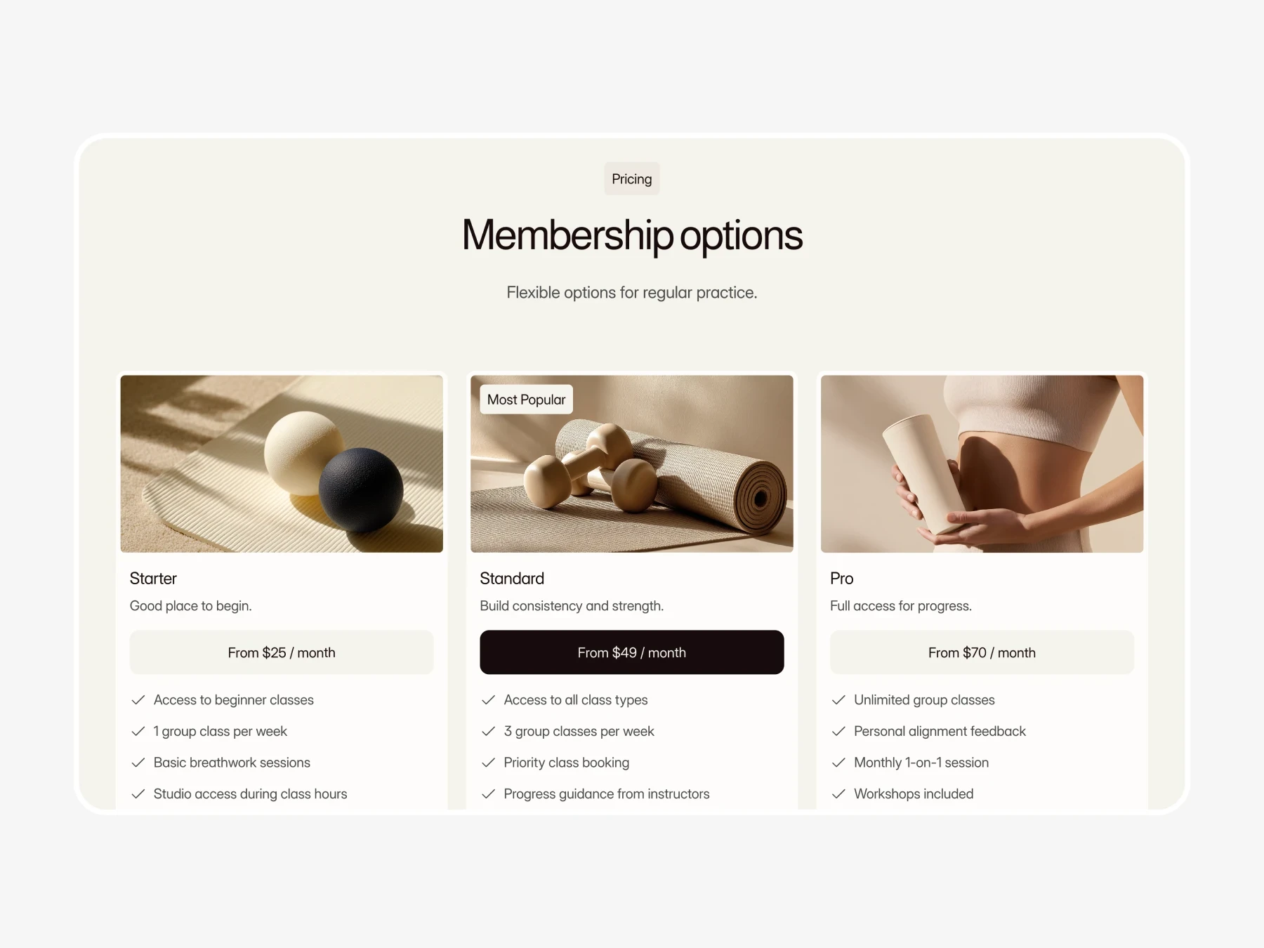Yoga studio website template pricing and membership section.