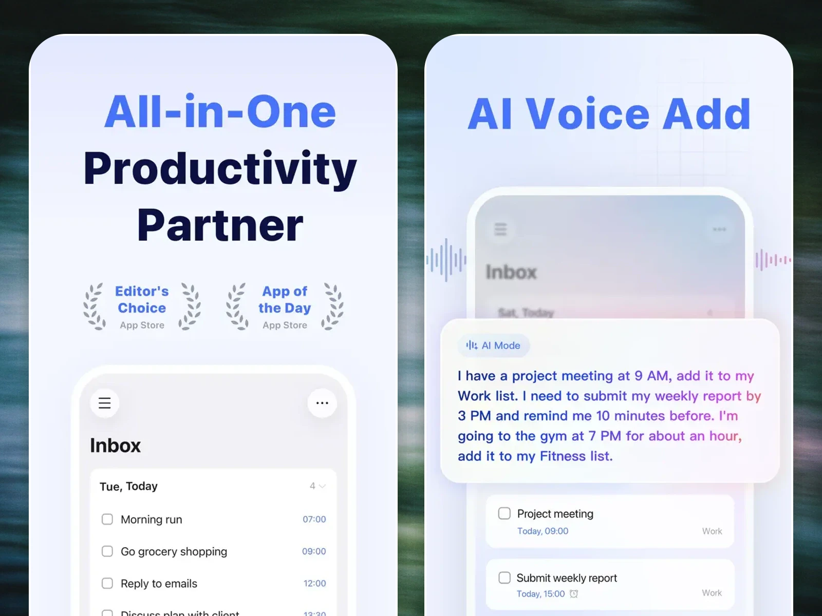 TickTick task and calendar interface shown in two large rounded app screenshots