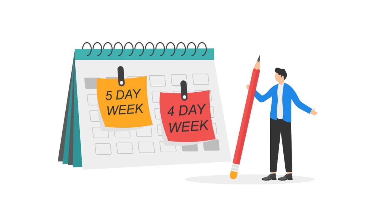 Illustration of a person pointing to a calendar with sticky notes labeled "5 DAY WEEK" and "4 DAY WEEK"—representing the comparison between traditional schedules and alternative formats like the 9/80 work schedule.