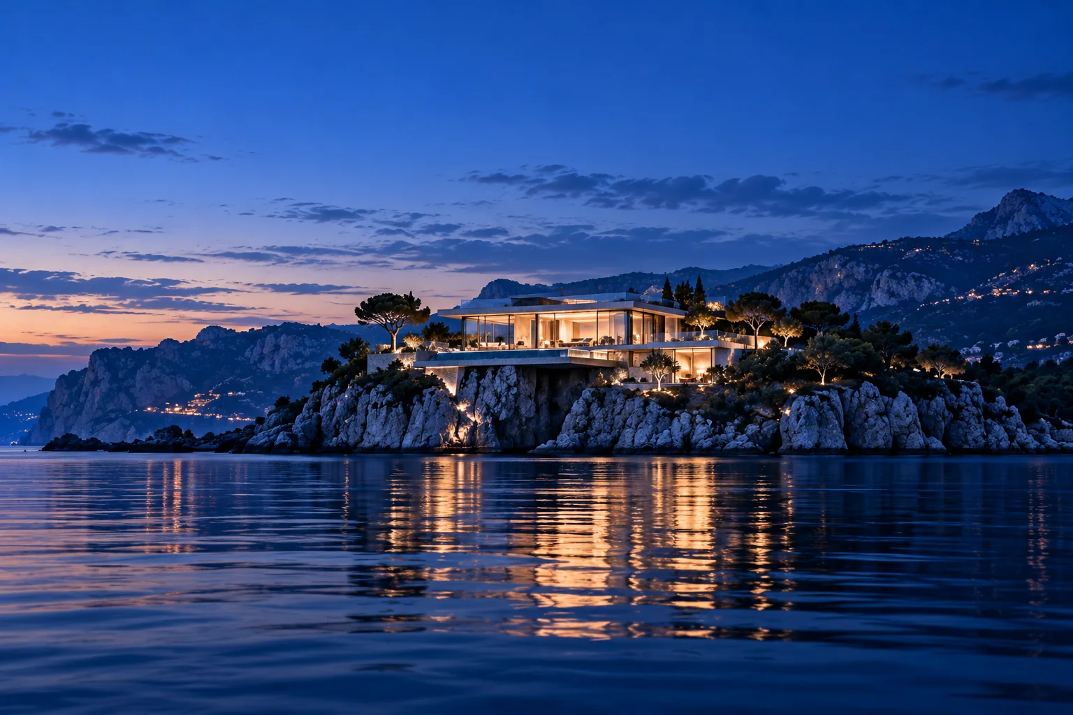 Glass villa glowing on a rocky coast, reflected in a calm sea