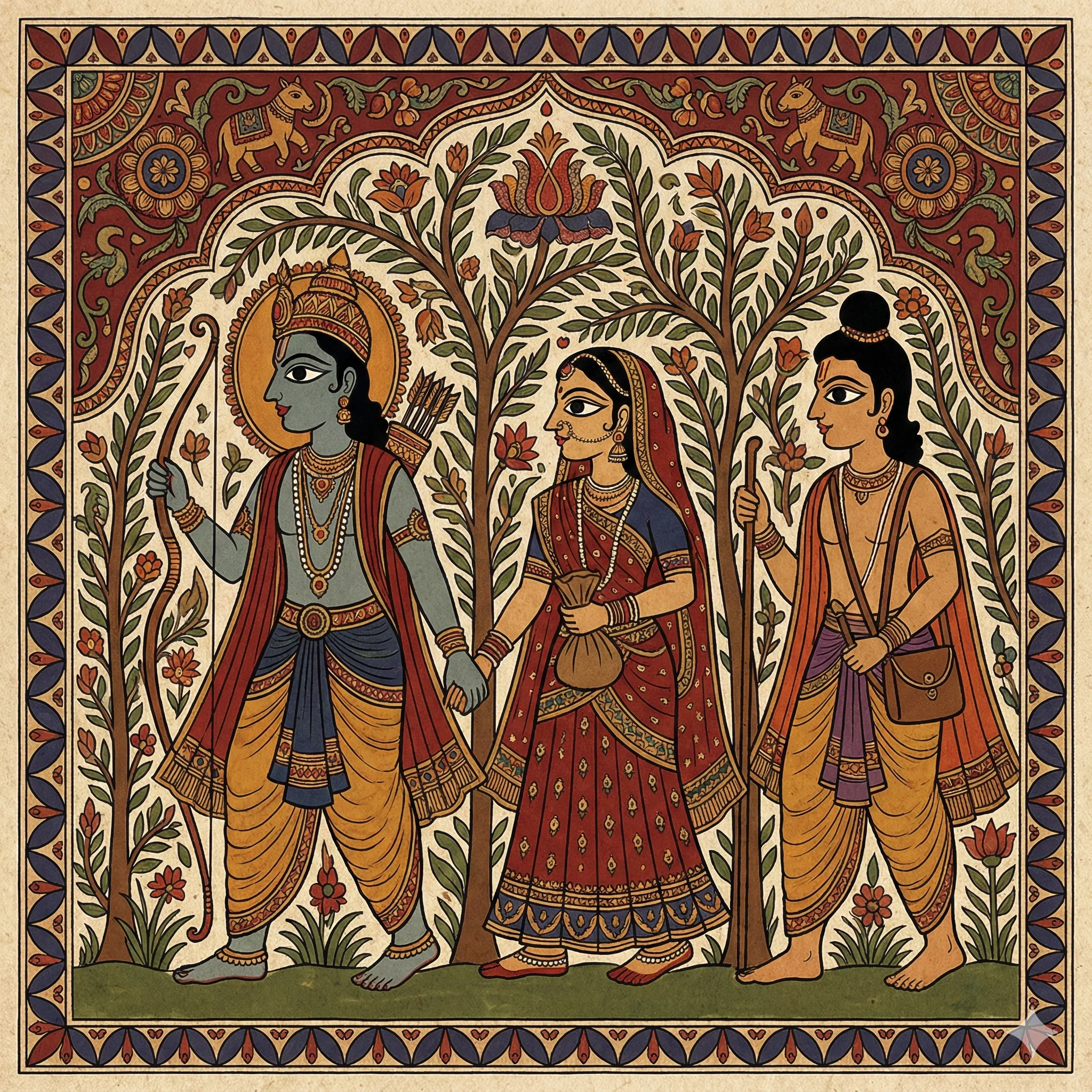 Ram, Sita and laxman traveling with beautiful trees and architecture in background