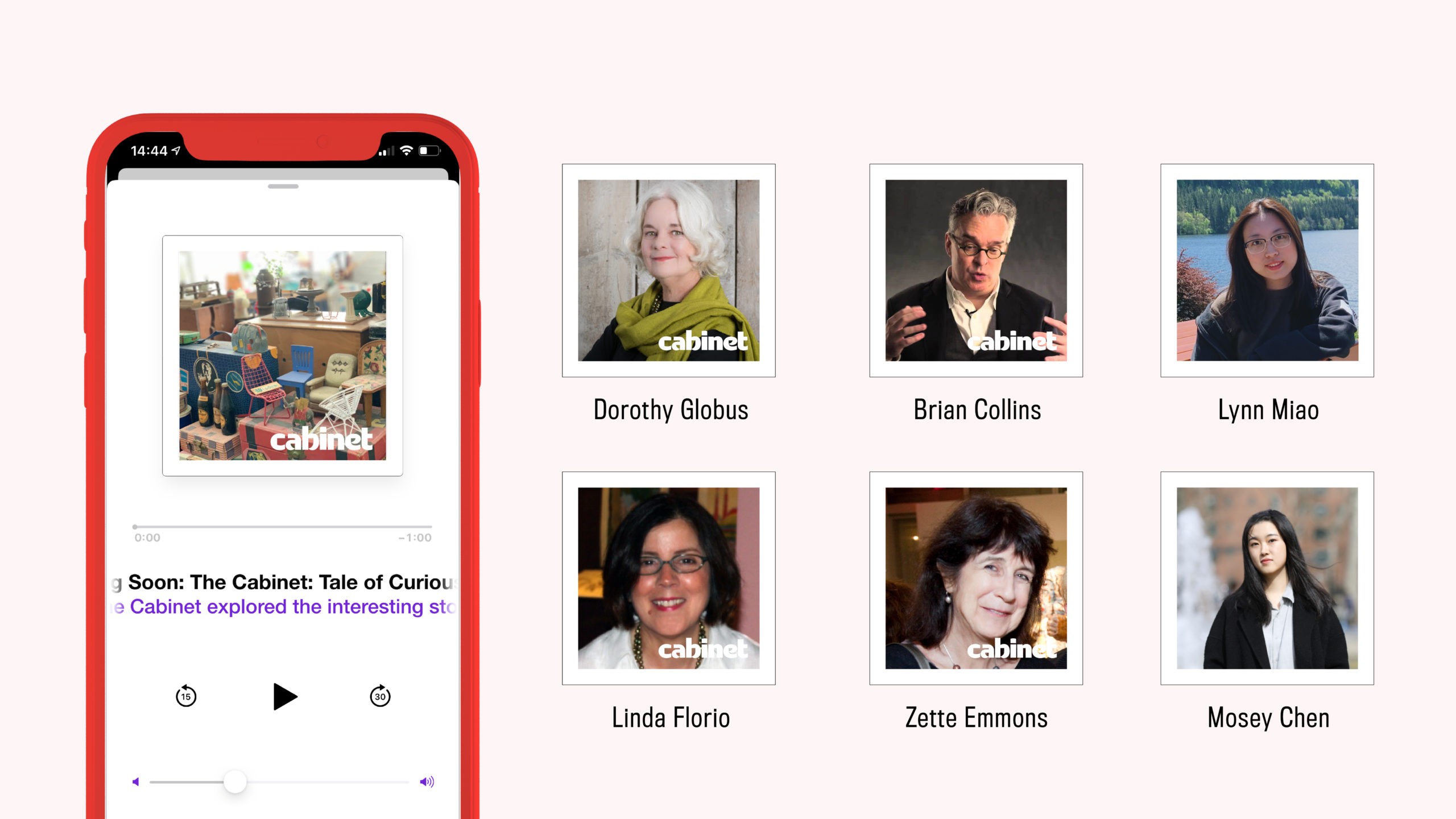 A smartphone screen displays a music player interface showing a song titled “Soon: The Cabinet: Tale of Curious” by cabinet. The interface includes controls for playback, pause, and volume. Below the music player, six profile photos are displayed: Dorothy Globus, Brian Collins, Lynn Miao, Linda Florio, Zette Emmons, and Mosey Chen.
