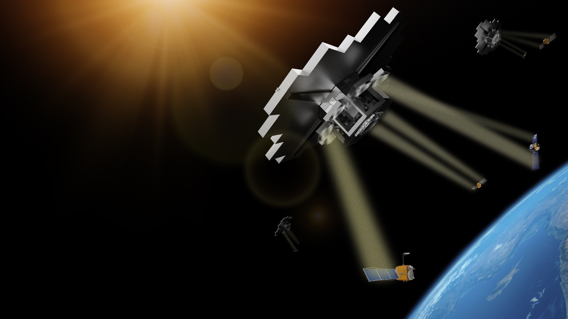 The Star Catcher Network space power grid with Power Nodes beaming light to a few satellites