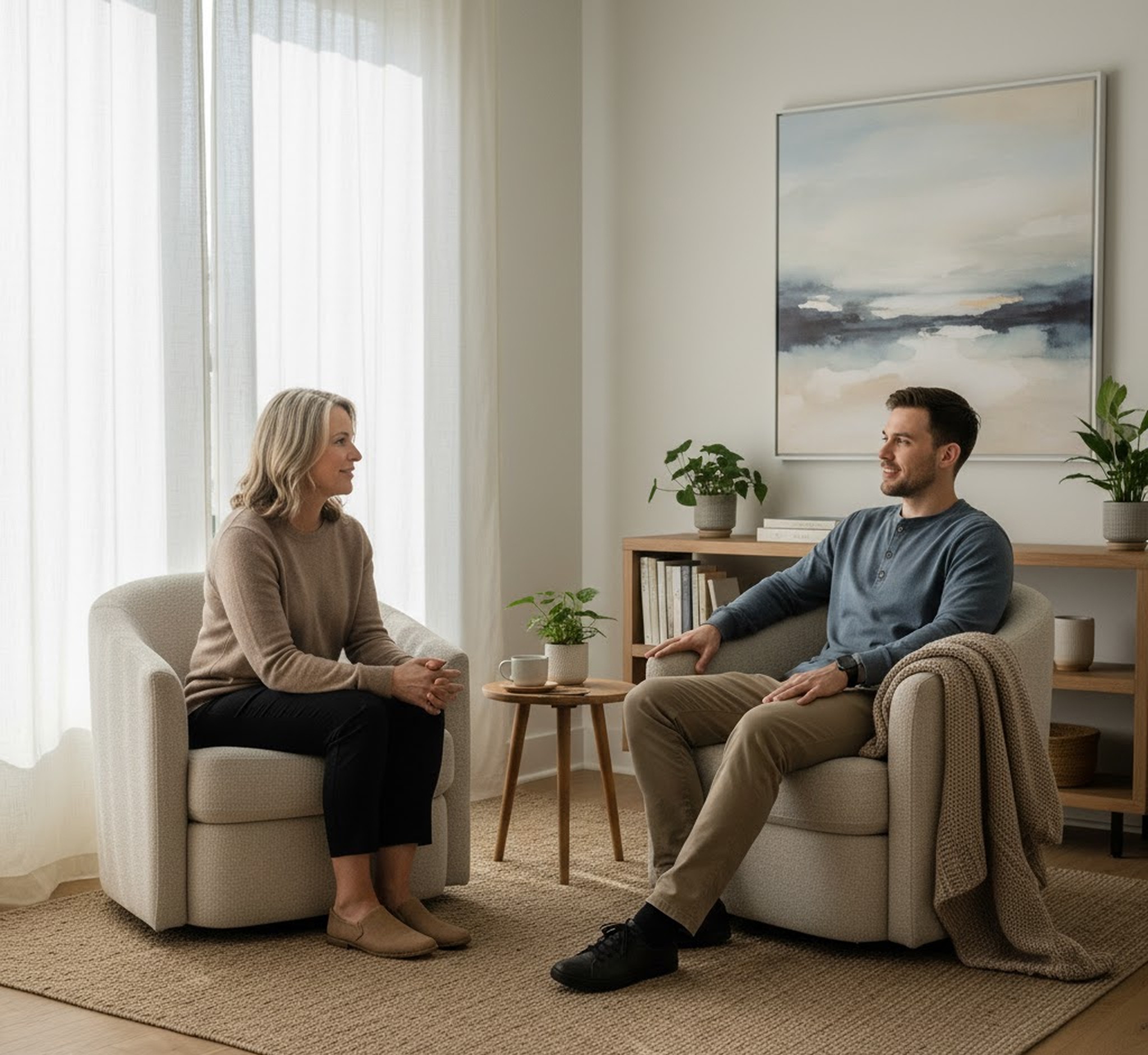 Therapist and patient in one-on-one counseling session