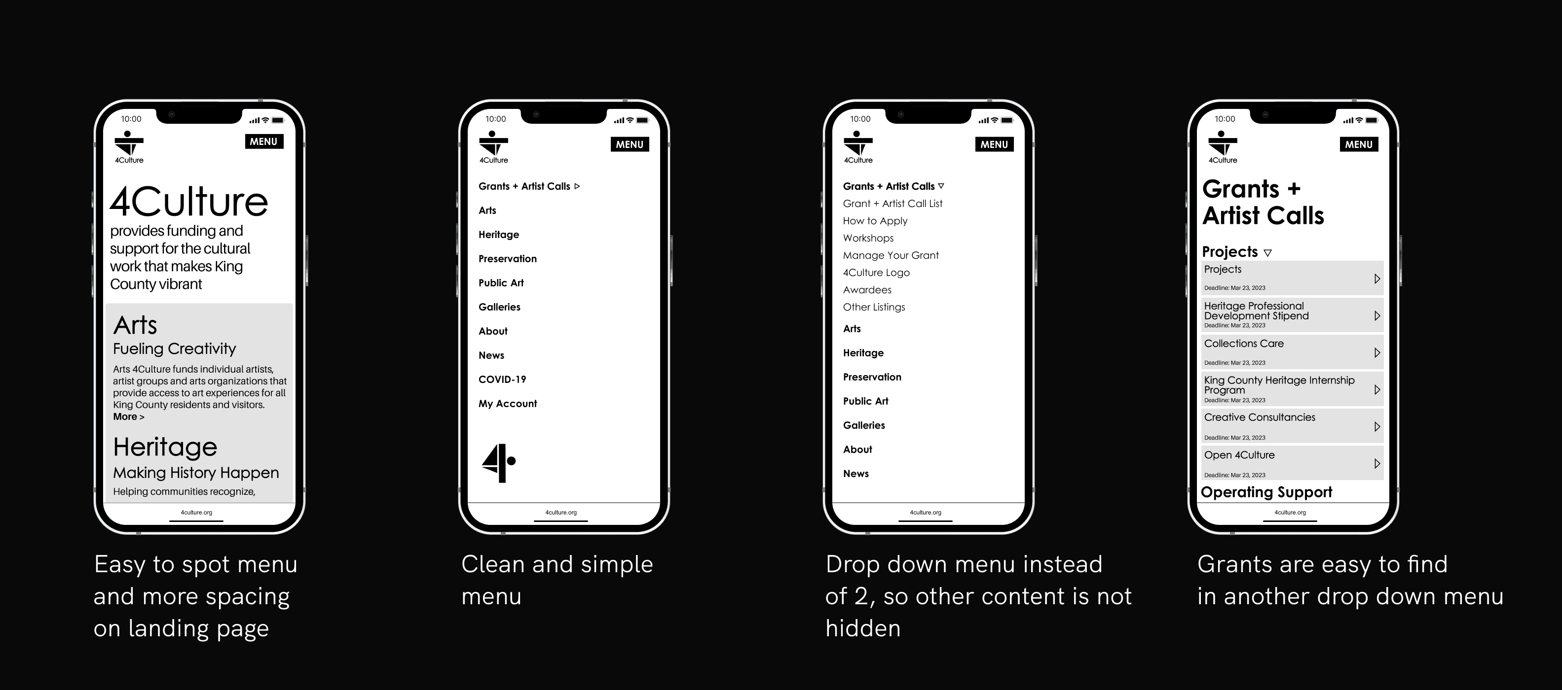 Inital wireframes for screens navigating to the grants and artist calls page