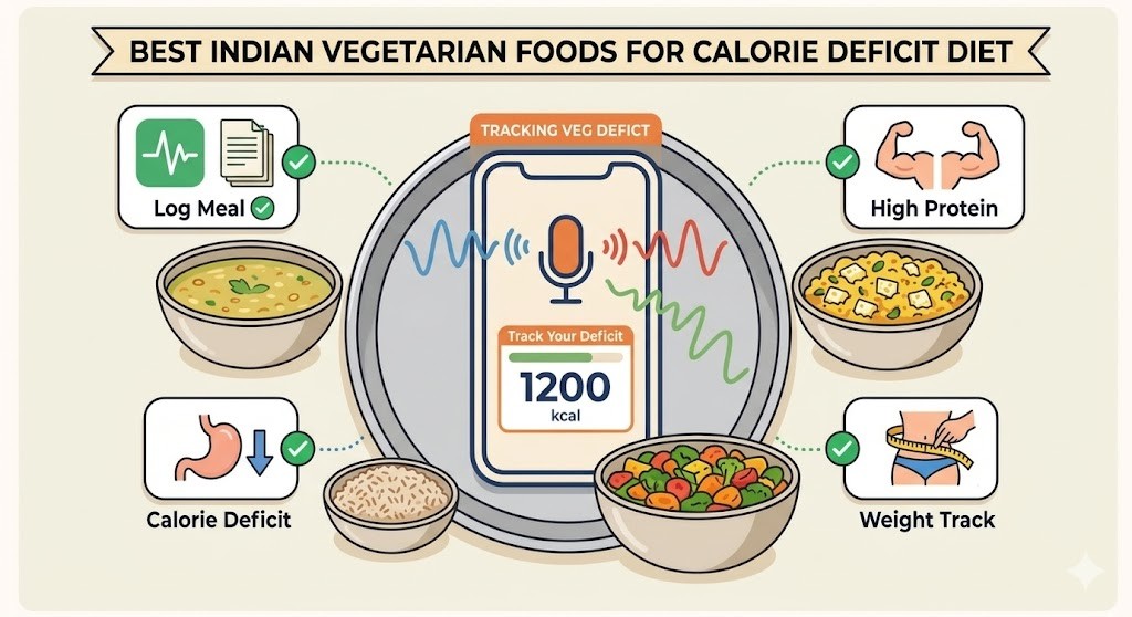 An illustrated guide to best Indian vegetarian foods for a calorie deficit diet, featuring a mobile app tracking calories and icons for meal logging, high protein, and weight tracking.