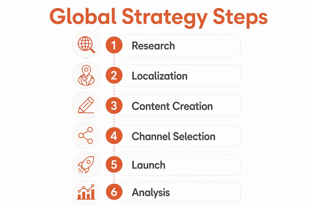 Infographic illustrating six steps of global content strategy