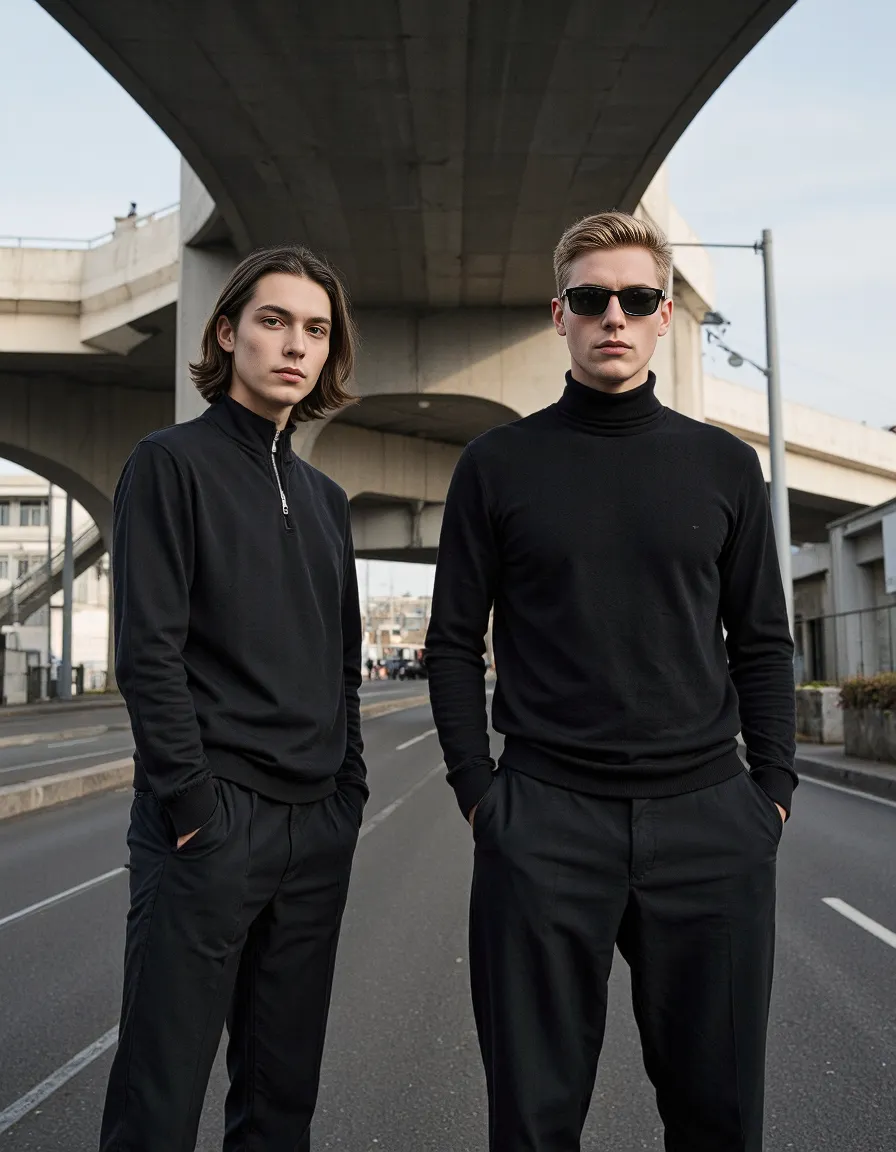 Two models in all-black attire standing on urban street beneath concrete overpass, showcasing minimal fashion in industrial setting