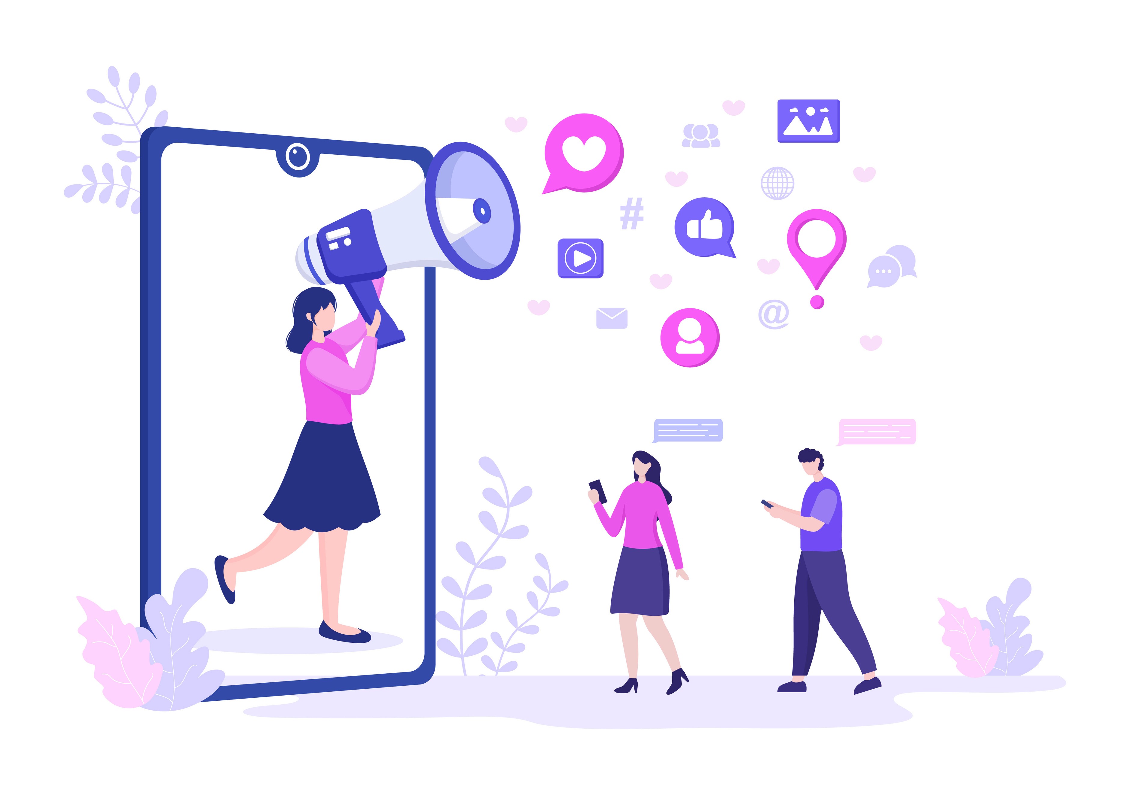 Illustration of a woman holding a megaphone inside a large smartphone screen, broadcasting social media icons such as hearts, likes, location pins, and chat bubbles to two people holding mobile phones nearby
