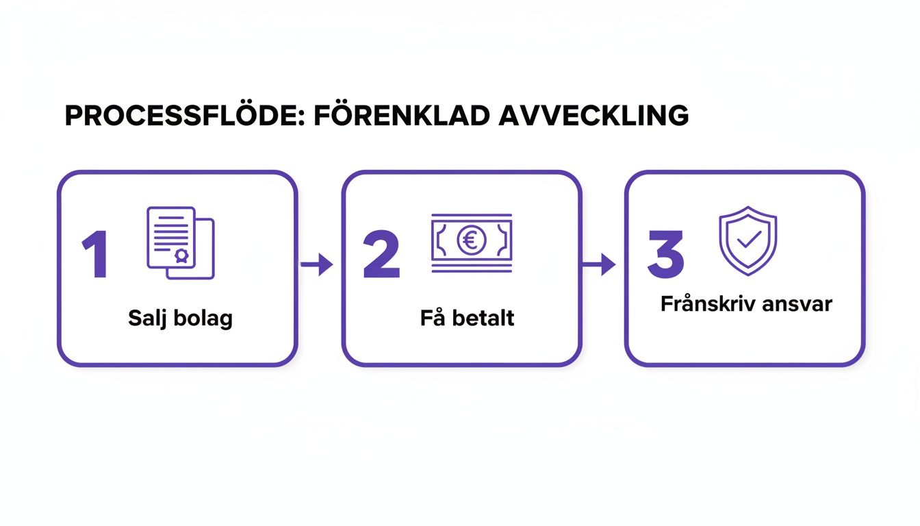 Processflöde för förenklad avveckling med tre steg: sälj bolag, få betalt, friskriv dig från ansvar.