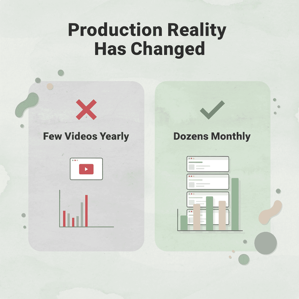 Before and after infographic showing shift from a few videos per year to dozens per month