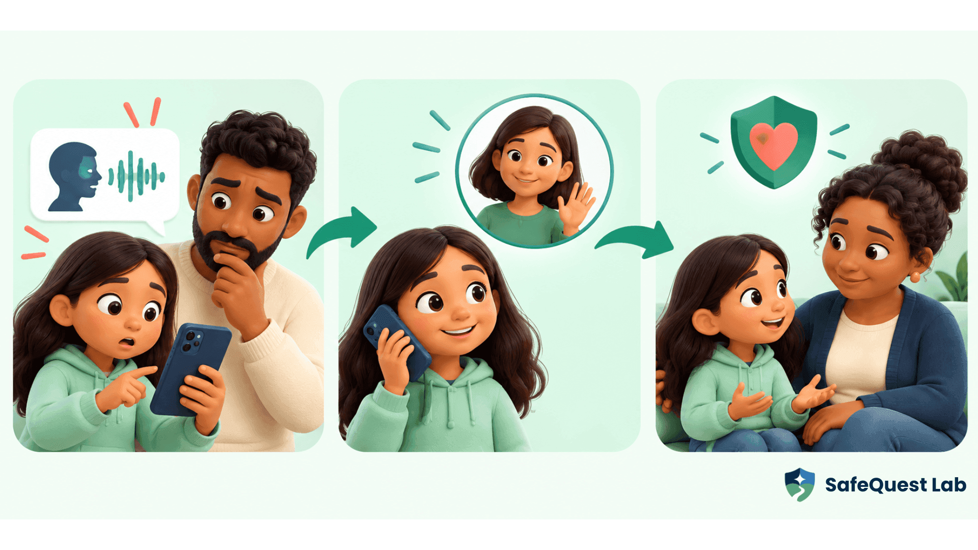 Family checking an unexpected AI voice message before responding