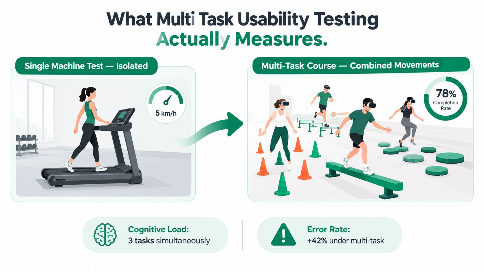 An infographic comparing single machine isolated treadmill testing with a complex multi-task usability testing course scenario.