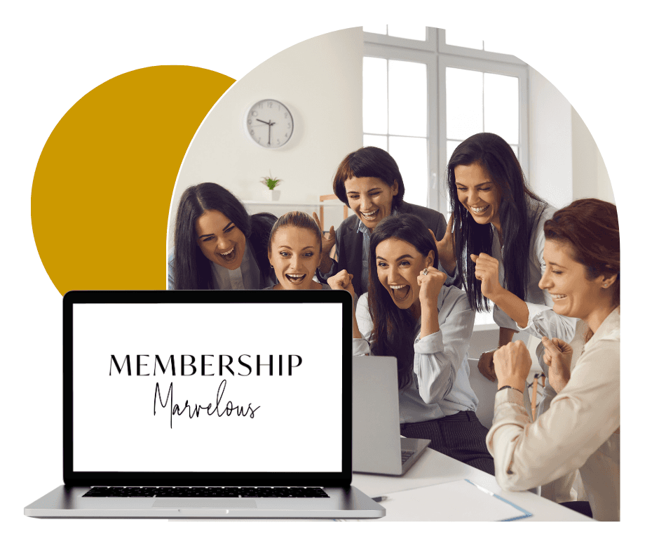 A group of excited individuals gathered around a laptop displaying the words "Membership Marvelous," set against a backdrop of professional office decor with a clock on the wall and natural light filtering through the window.