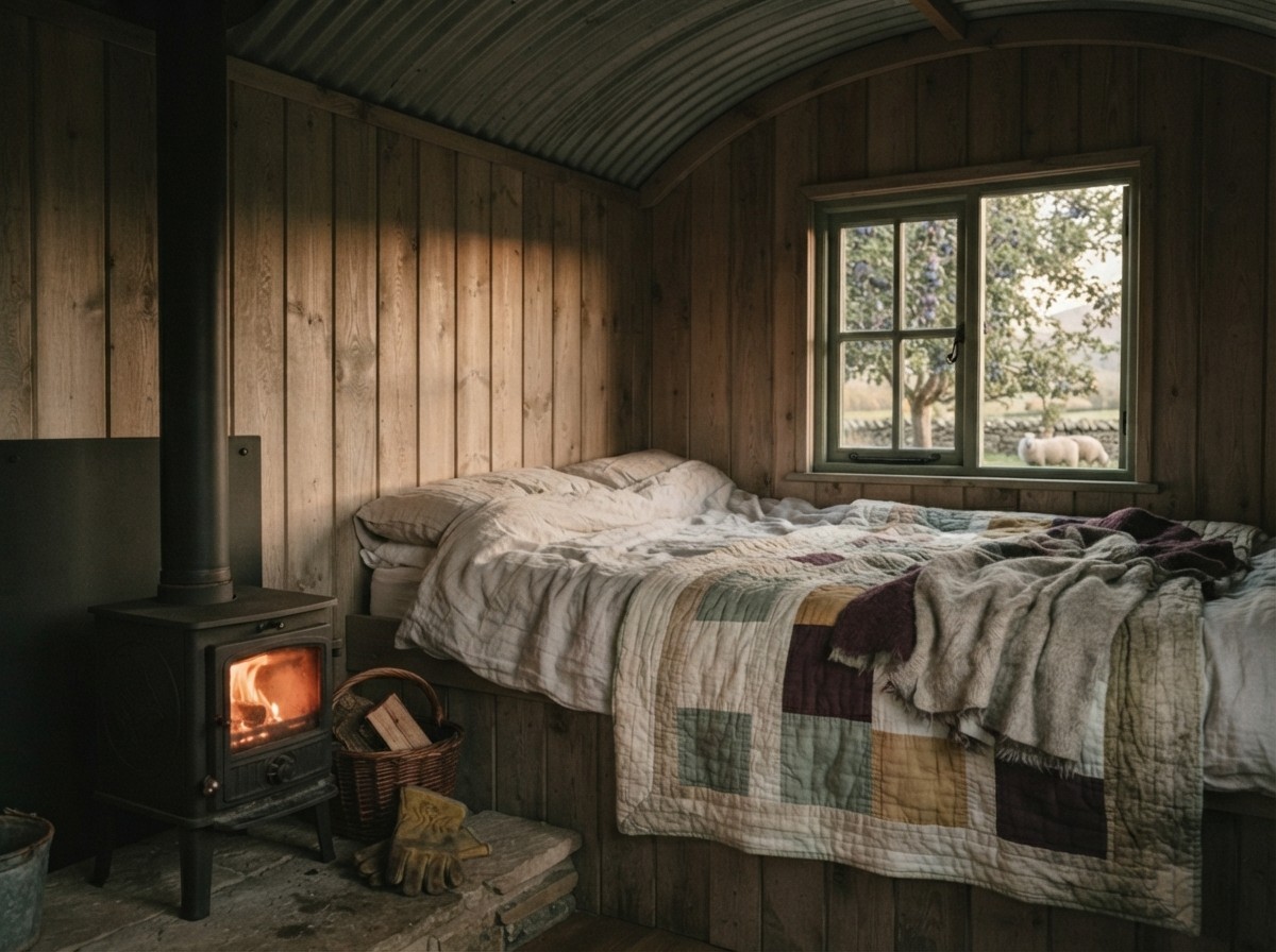 Inside the Damson Hut, with a wood burner and quilt