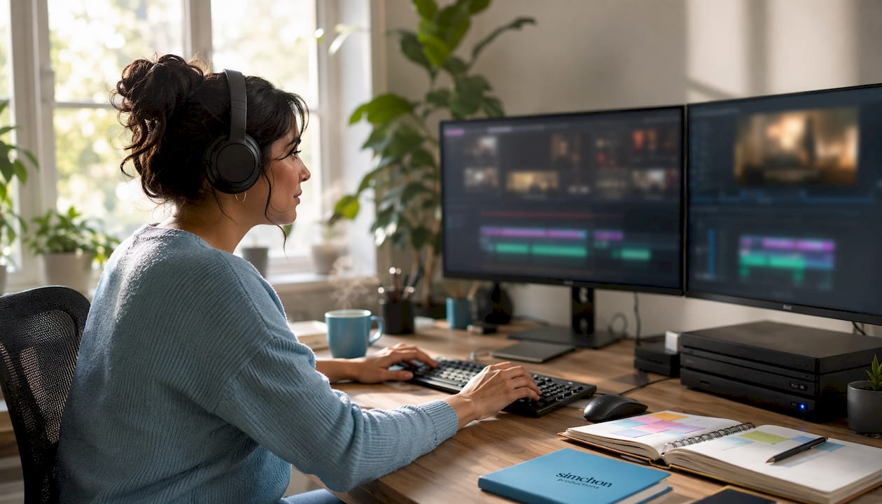 Video editor working at editing suite