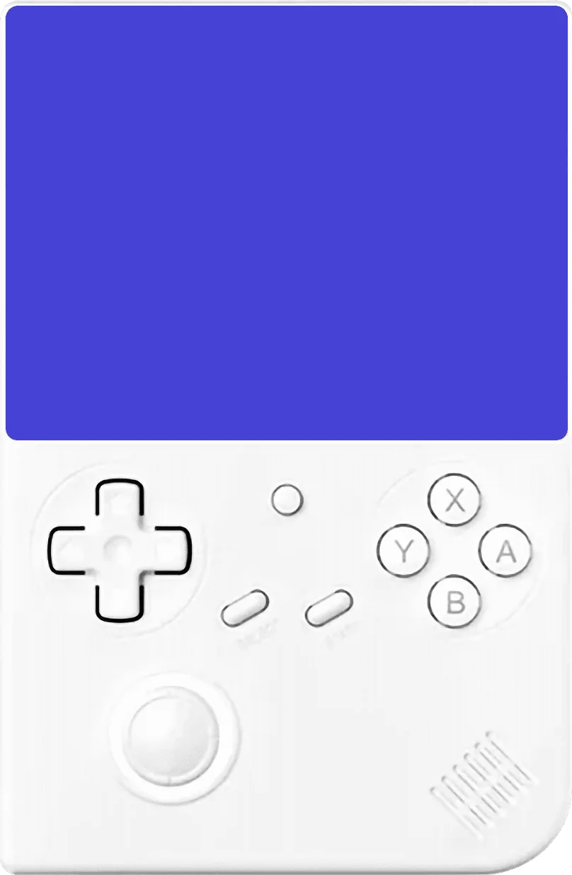 A modern white handheld gaming console with a vibrant blue screen, featuring a classic D-pad, action buttons labeled X, Y, A, B, and a joystick, reflecting sleek design and innovative technology. Rob Harrigan Design. Rob Harrigan. 