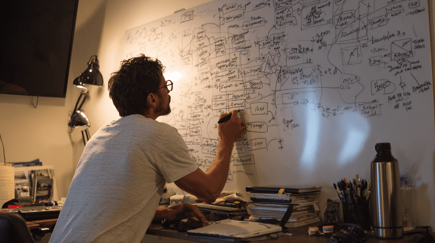 Person in front of a whiteboard, making connections