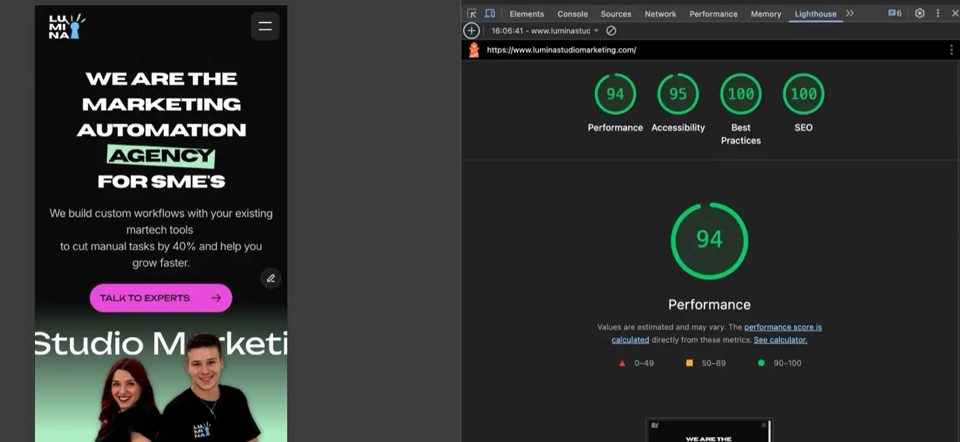 Pagespeed maximiert für Marketing Agentur