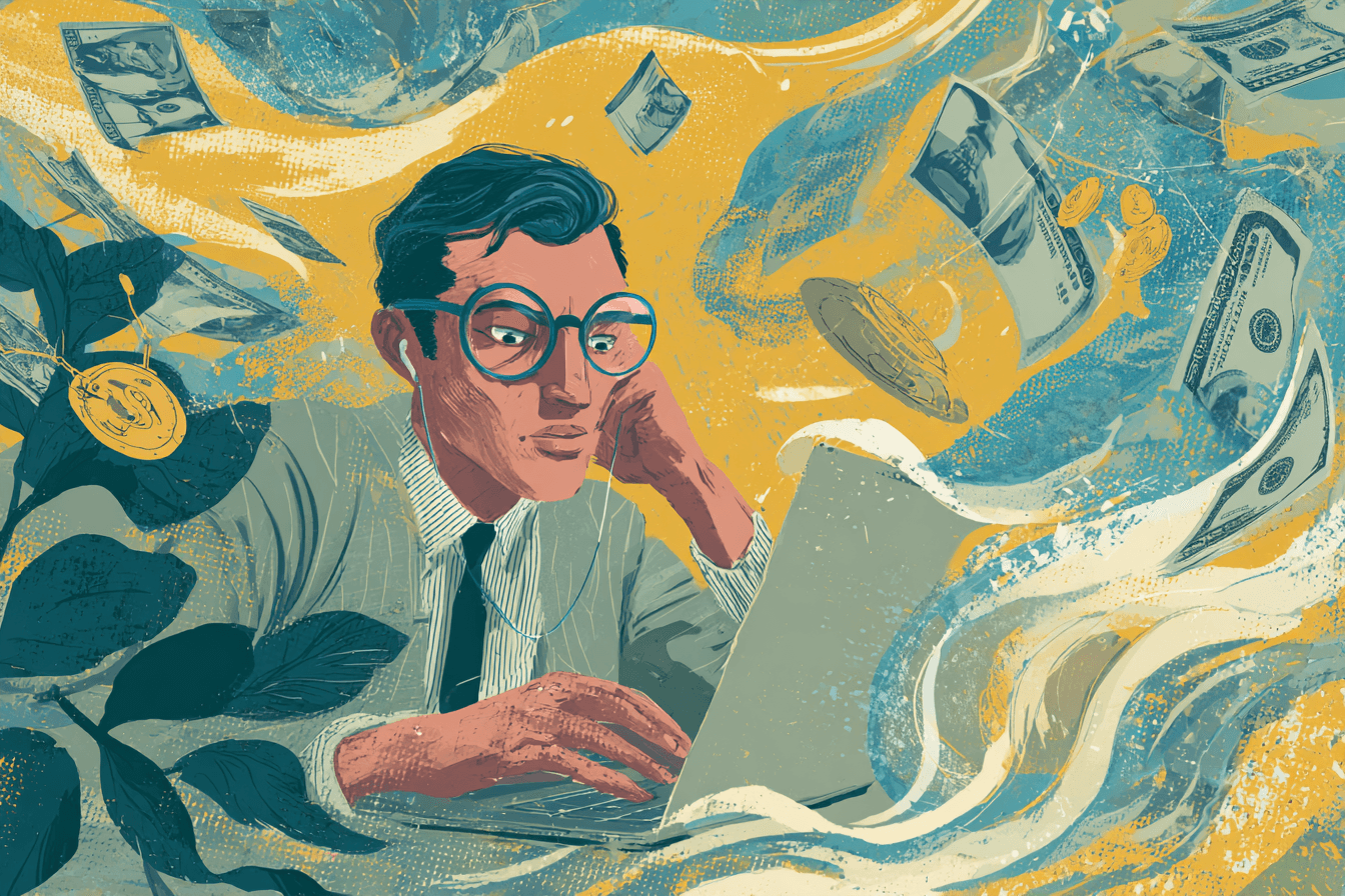 illustración de un contador con billetes y pagando impuestos