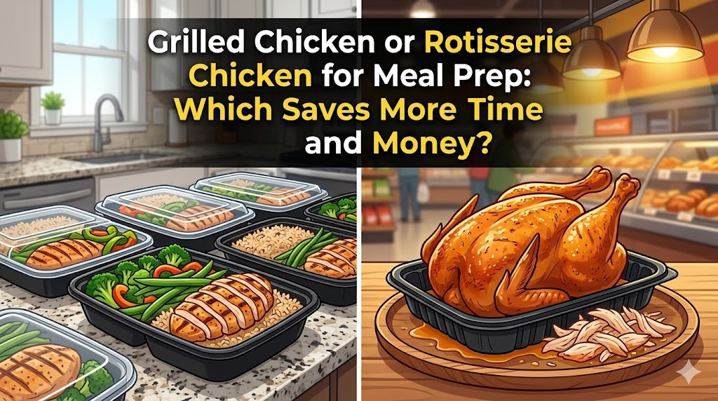A vertical split-screen image comparing grilled chicken meal prep with a whole rotisserie chicken for blog header use. The left panel shows neatly organized black plastic meal prep containers filled with sliced grilled chicken breast, broccoli, and brown rice in a modern home kitchen setting. The right panel features a whole, golden-brown rotisserie chicken in a supermarket display tray, sitting on a wooden cutting board with a small pile of pulled chicken meat. The title text, set against a dark banner at the top, reads: 'Grilled Chicken or Rotisserie Chicken for Meal Prep: Which Saves More Time and Money?'. The overall style is clean and illustrated.