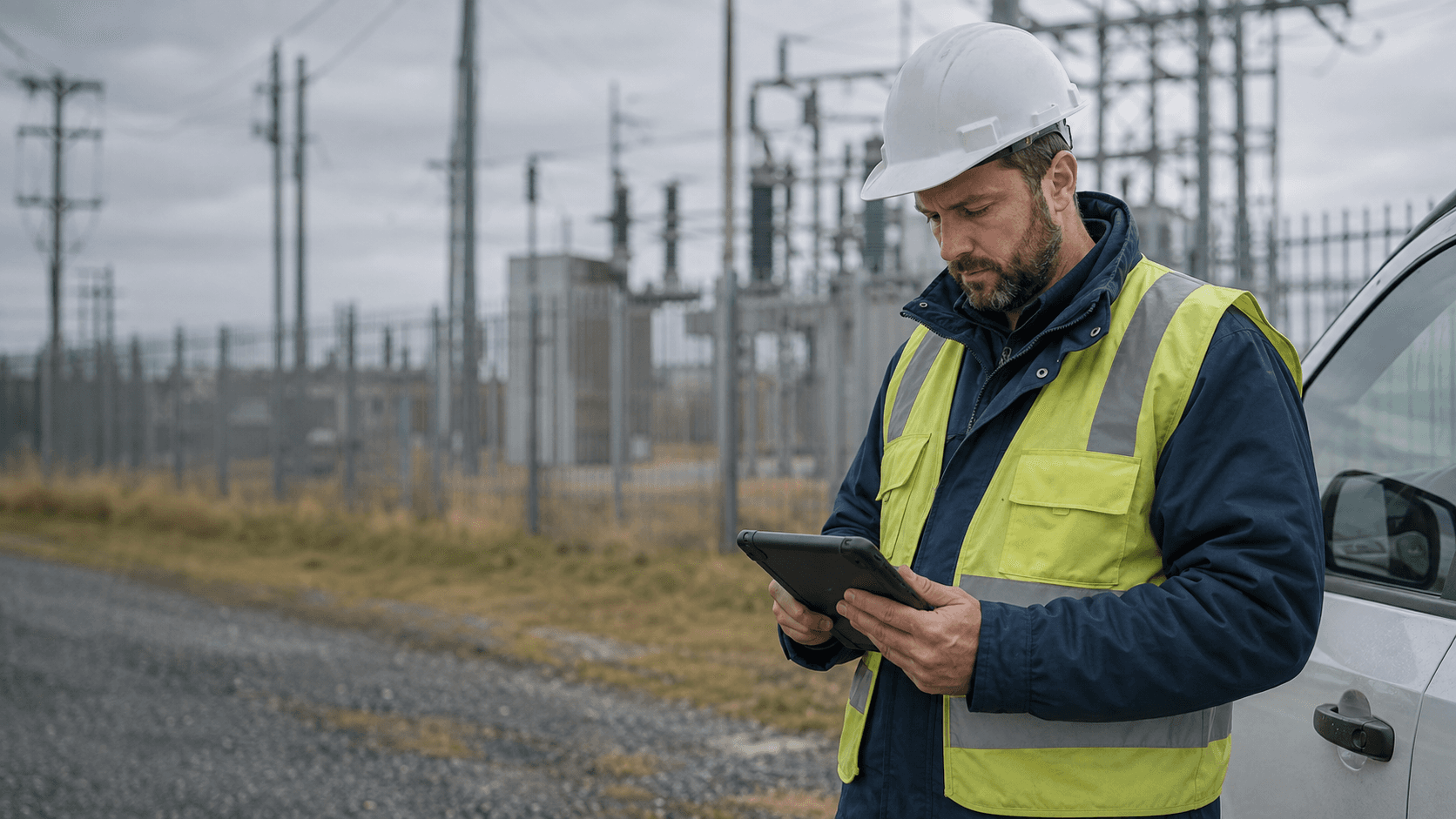 A utility field technician checks a tablet beside a service vehicle outside an electrical substation.