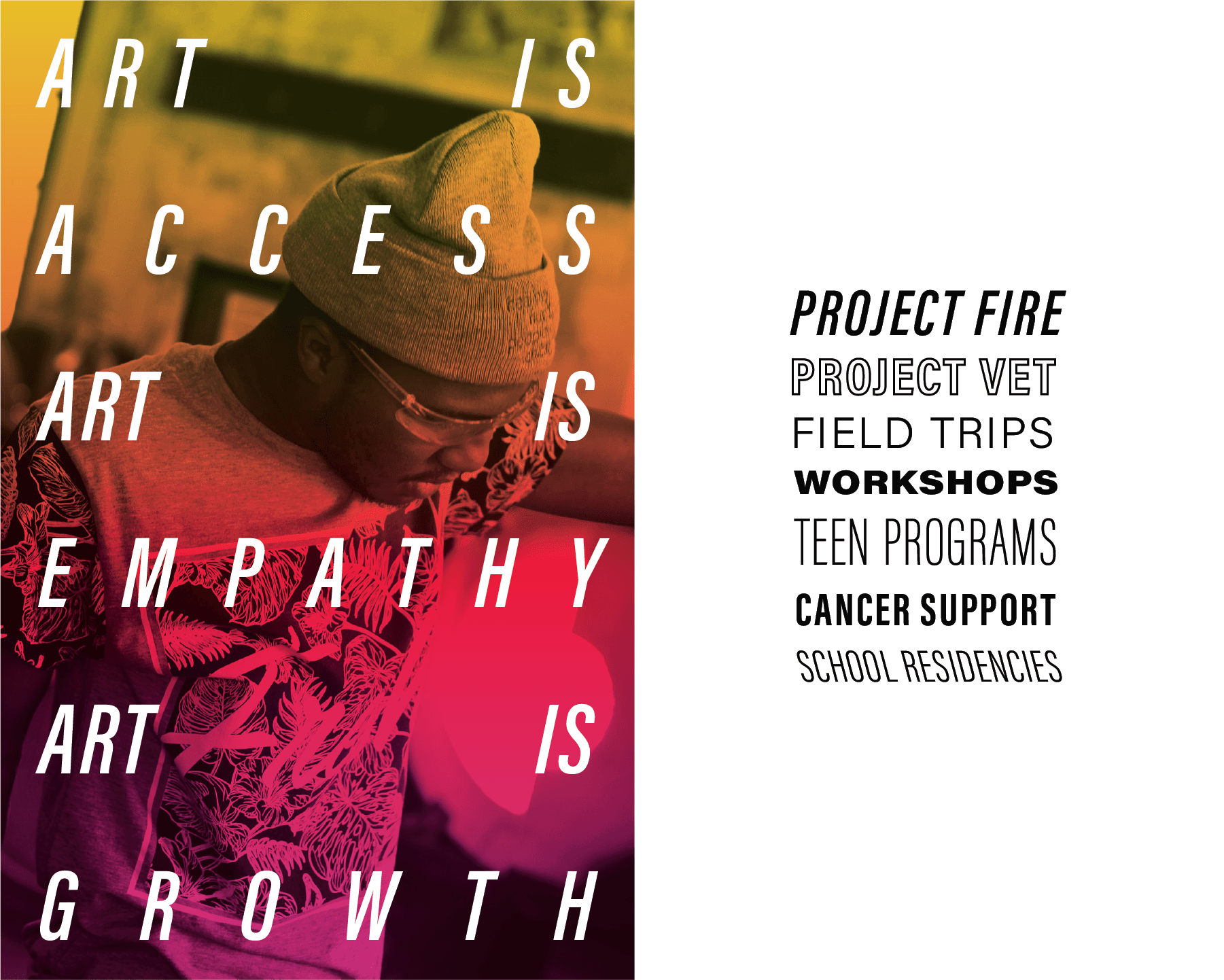 Mission statement over color tinted photo and program font styles