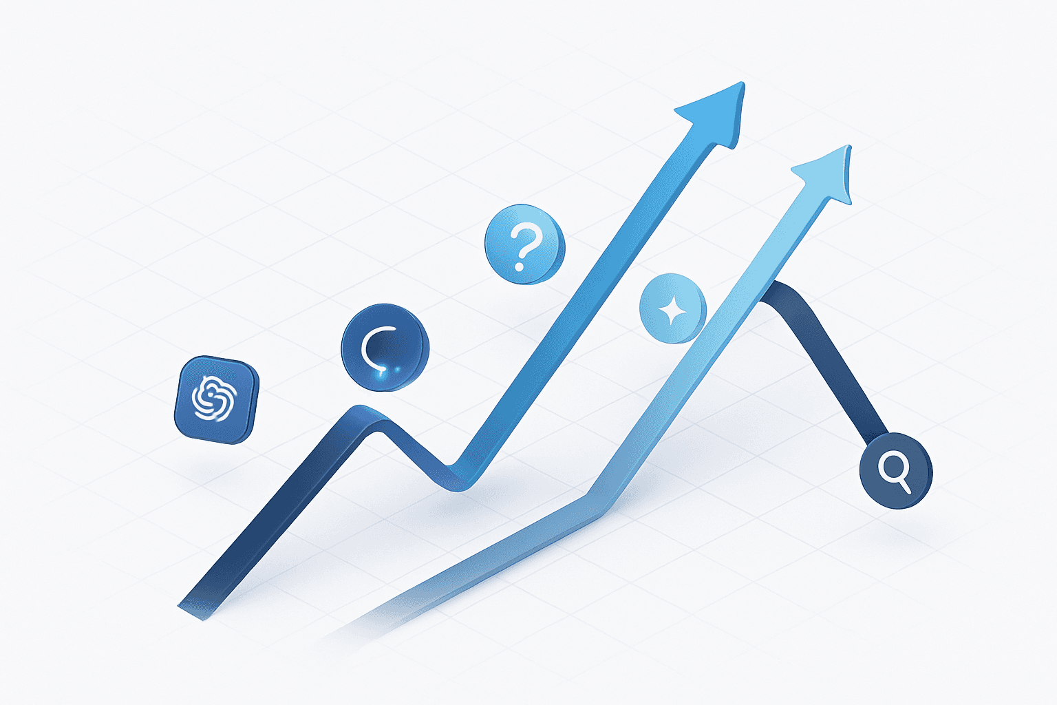 Rising AI search trend lines contrasted with a declining traditional search line on an abstract grid.