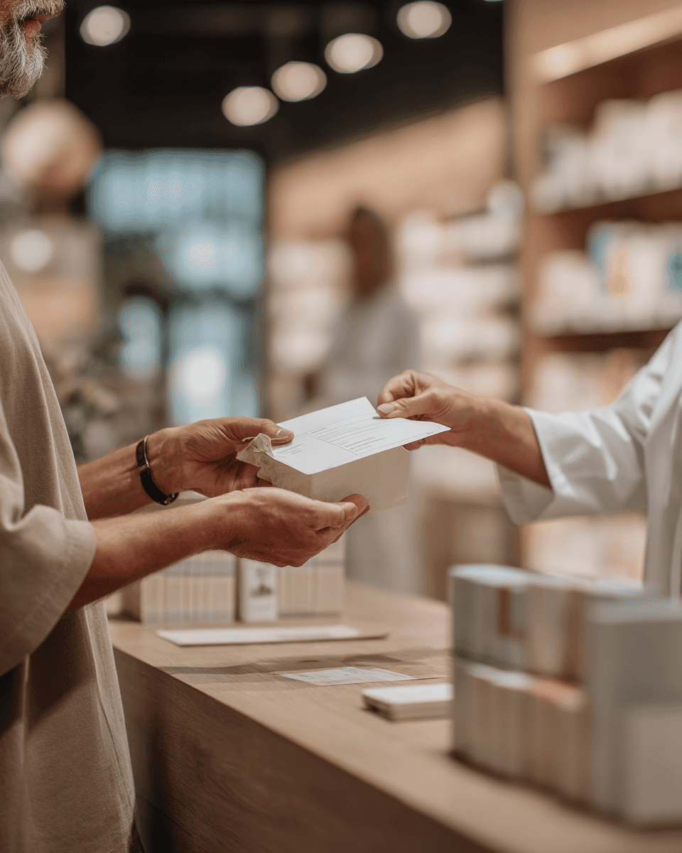Kundin nimmt Medikamentenpaket am Apothekentresen entgegen – SilentAngels® Apothekenservice für Rezepte & Abholungen.