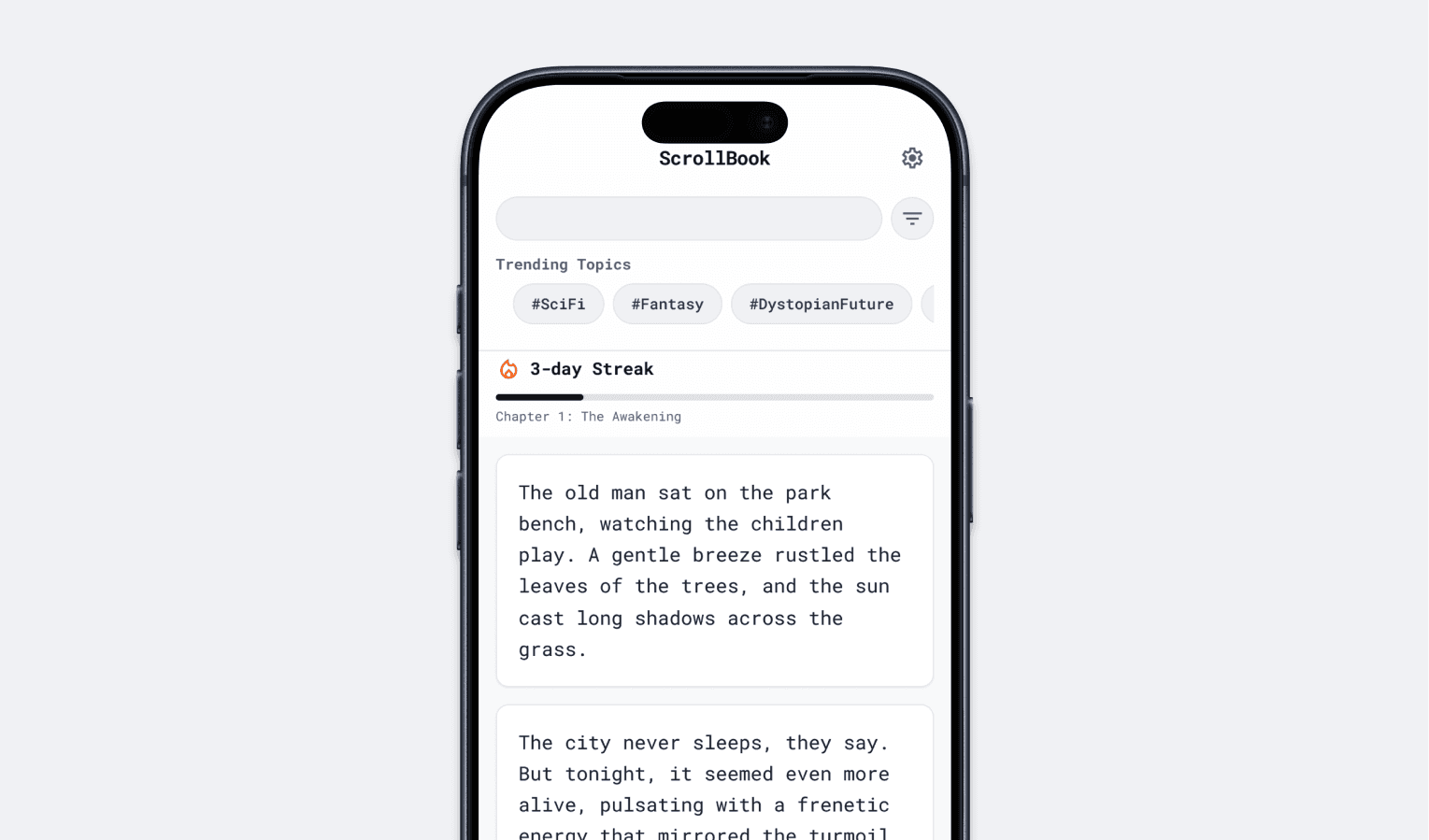 ScrollBook app interface on iPhone, displaying trending topics and reading streaks, turning screen time into engaging book reading with a minimalist design.