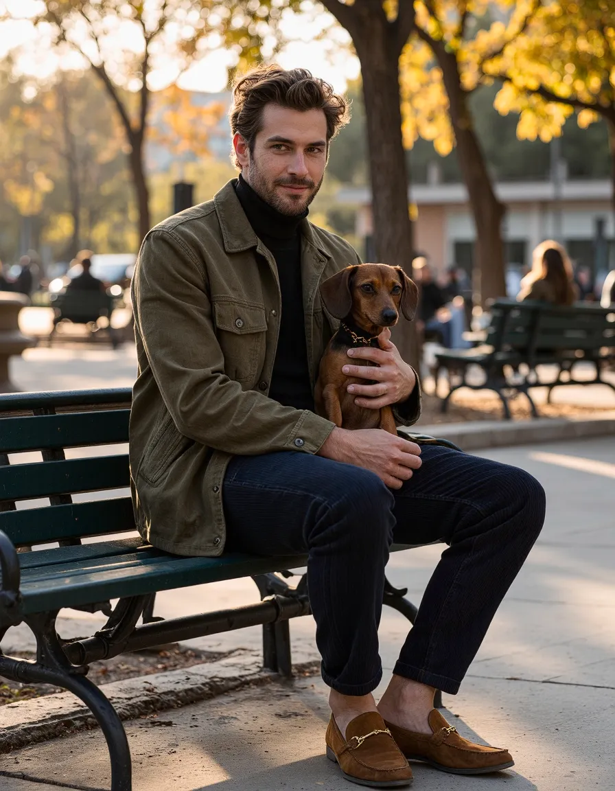 Man in olive jacket holding dachshund on park bench with autumn trees, professional lifestyle portrait