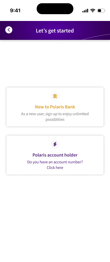 Onboarding screen showing new user sign up vs existing account holder login options