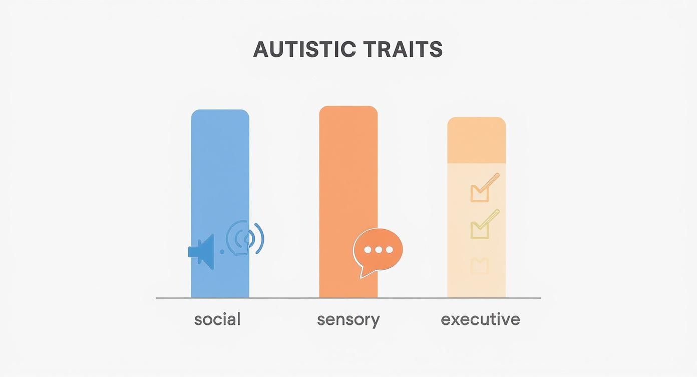 Infographic about autistic and autism, showing vertical bars for Social, Sensory, and Executive Function traits.