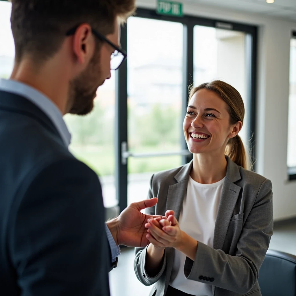 Un formateur échange une poignée de main ferme avec un participant en fin de formation, tous deux souriants, dans une salle lumineuse.