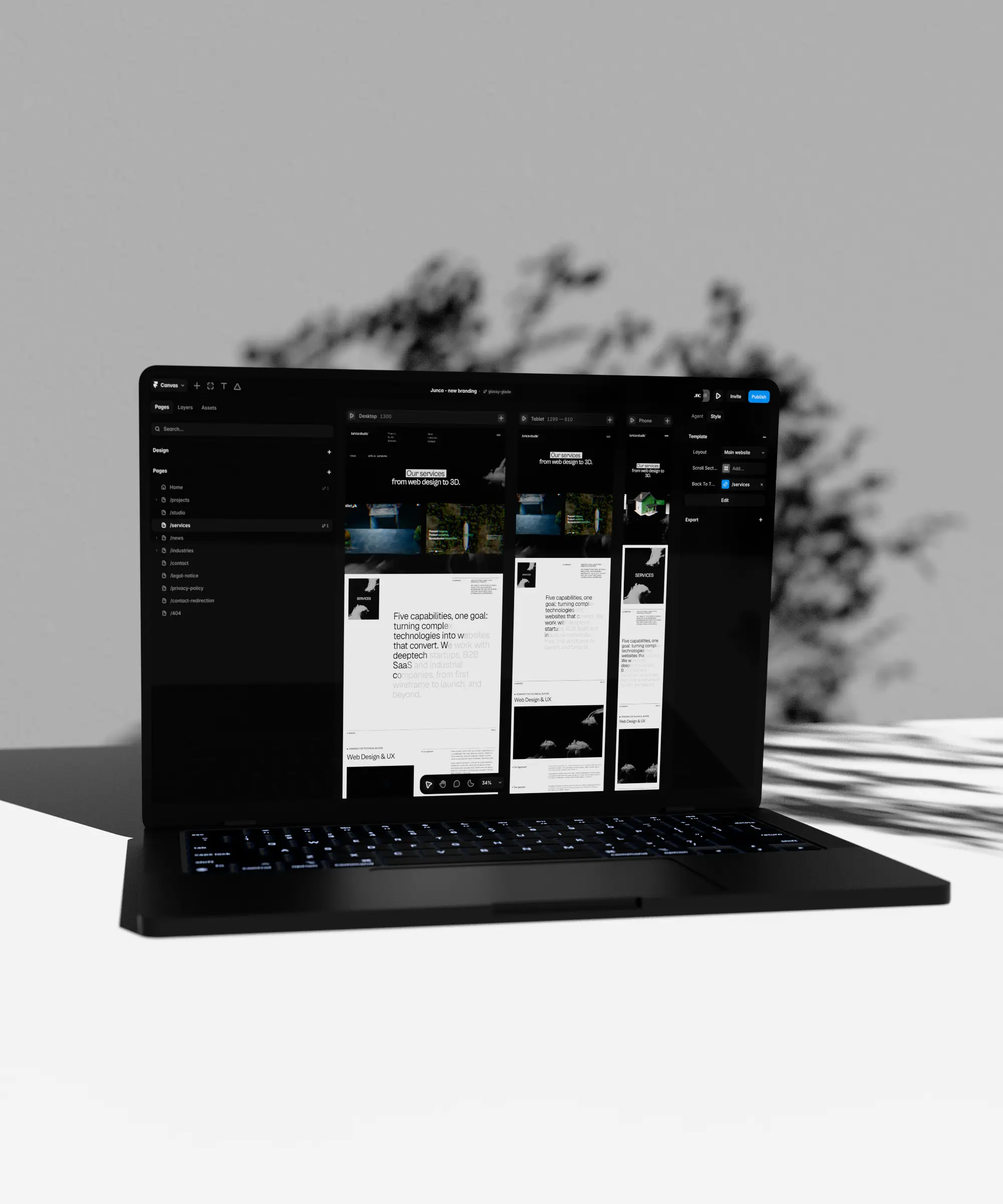Mobile showing a website design in progress across desktop, tablet and mobile breakpoints, web design and UX process at Junca Studio
