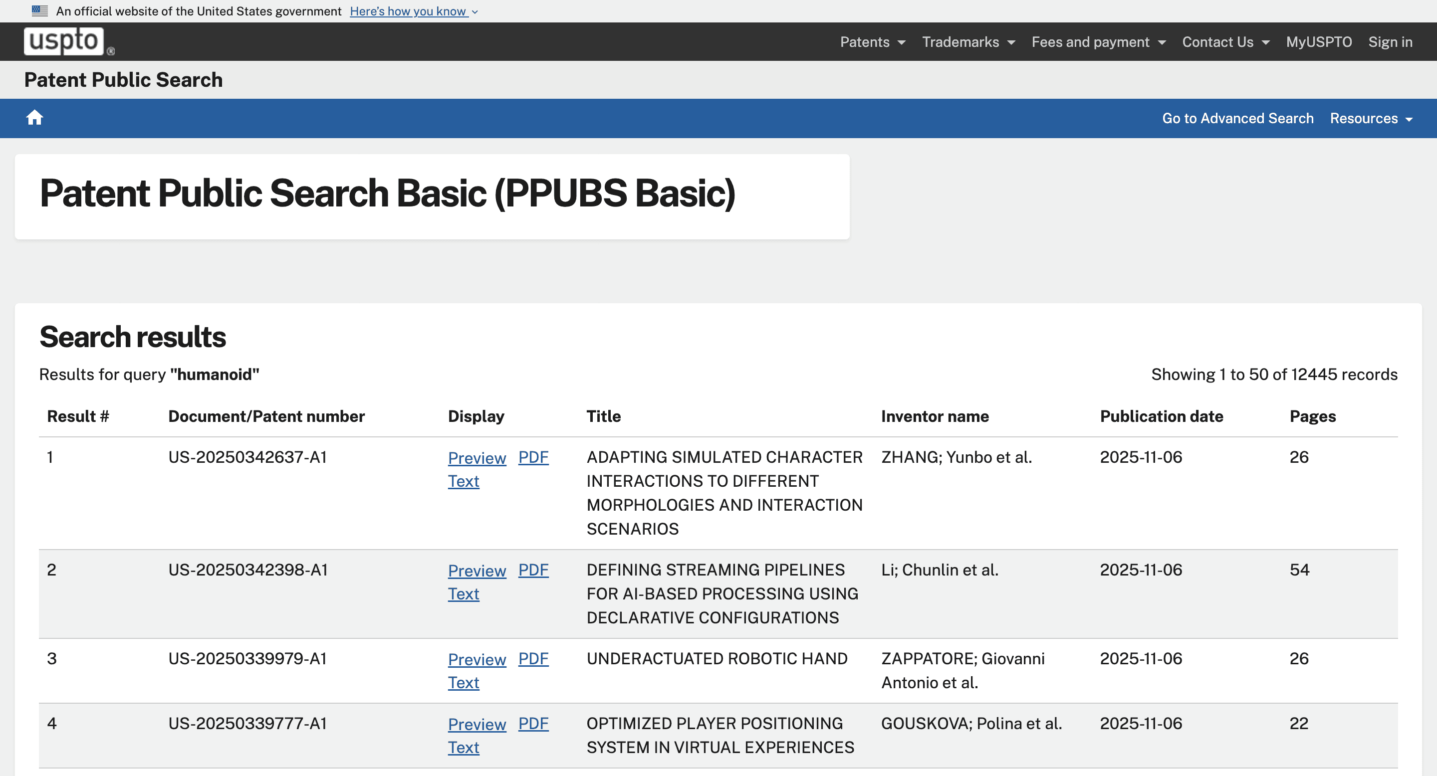 Search results for patents on Humanoids on USPTO patent search website