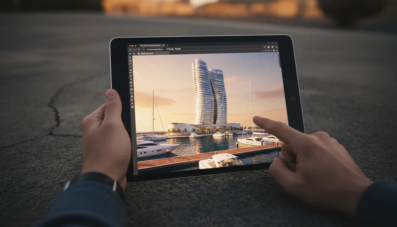 DSLR photograph from a user's point of view, a person's hands holding a black iPad Pro horizontally over a dark textured surface. The tablet screen displays the Twinmotion software interface in a web browser, showcasing a photorealistic architectural 3D render of a modern, curved glass building at a marina with yachts docked on a wooden pier. The render is set during a warm golden hour. A finger is touching the screen, interacting with the 3D model. The lighting is soft and focused, creating a shallow depth of field that blurs the background.