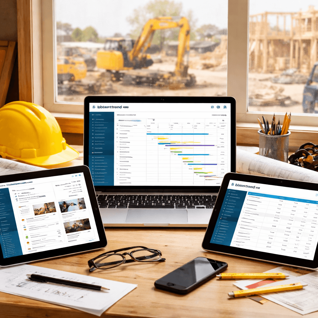 A realistic construction site office with a laptop showing a project timeline, a tablet with a client portal, and a tablet with a budget spreadsheet. Alt: buildertrend dashboard on devices