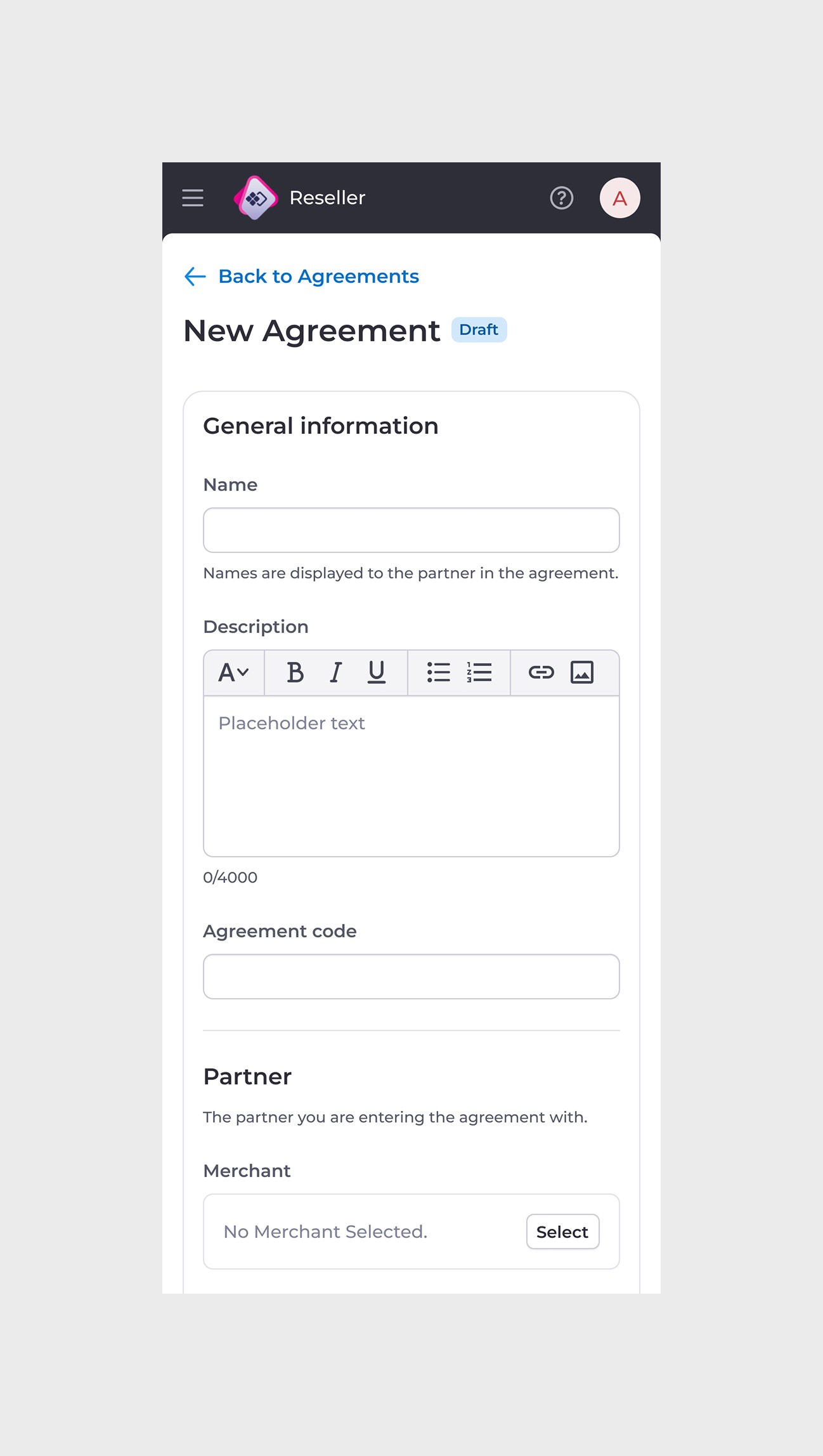Reseller view - New Agreement (mobile).