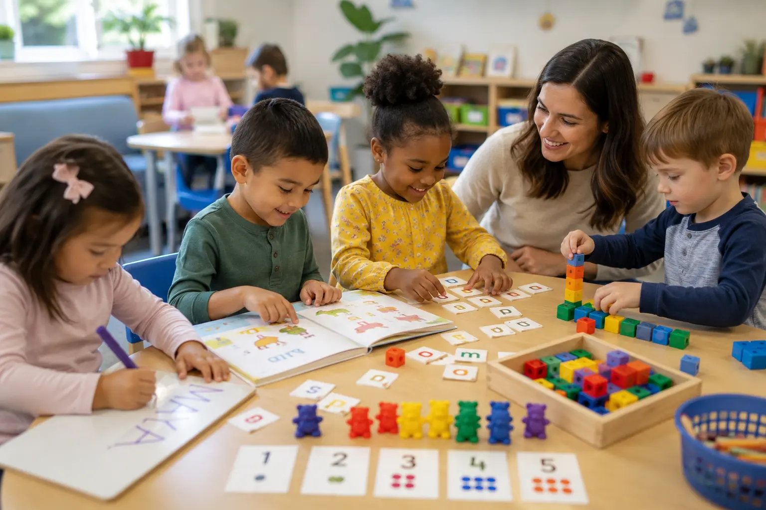 a teacher helping four children at a table with basic math and literacy toys and books