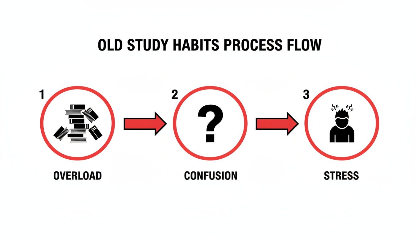 Diagram illustrating the negative flow of old study habits, leading from overload to confusion and stress.