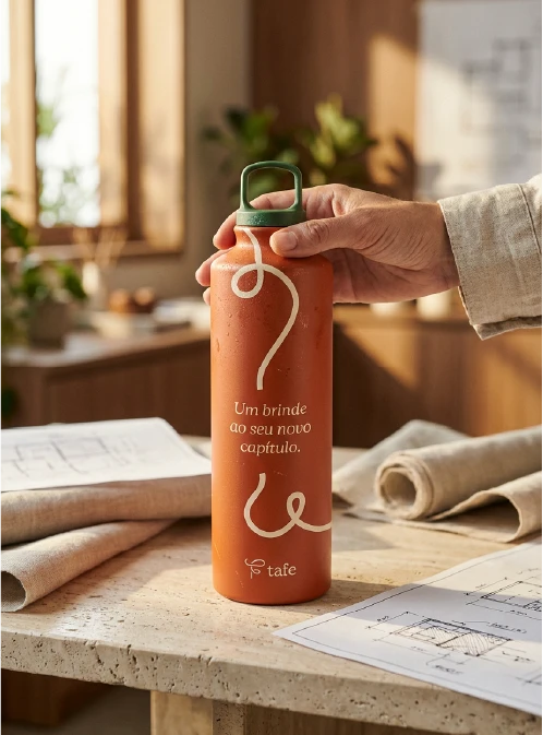 A hand holding a terracotta-colored water bottle with a green cap, printed with the Tafe curving line graphic and the phrase "Um brinde ao seu novo capítulo", photographed against rolled architectural blueprints on a marble surface.