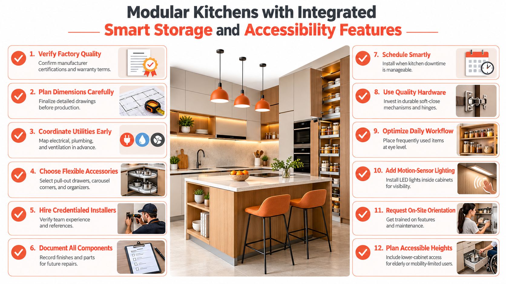 A list of twelve tips for designing modular kitchens with integrated smart storage and accessibility features.