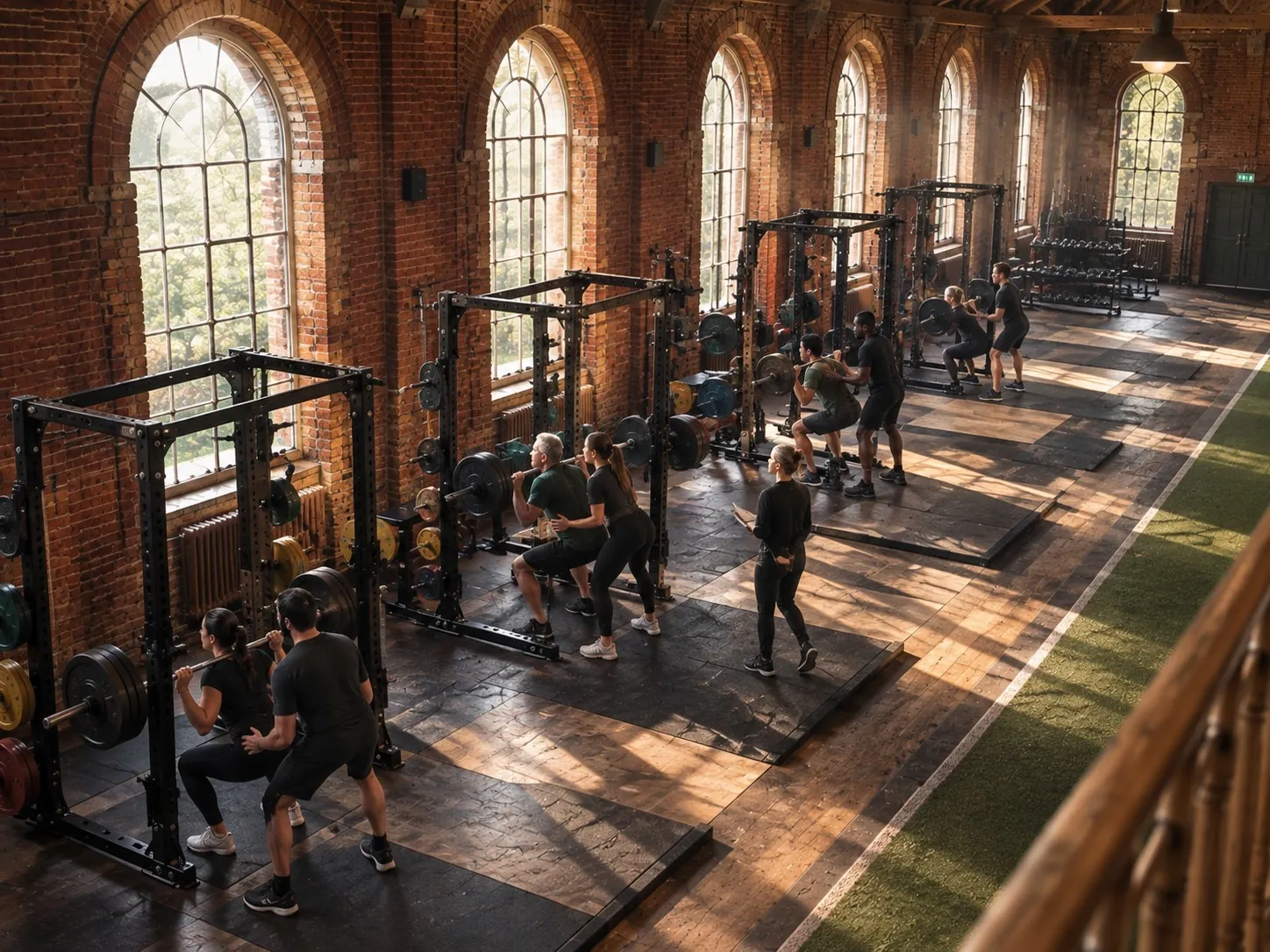 A small strength class back squatting in a row of racks, each lifter with a partner spotting