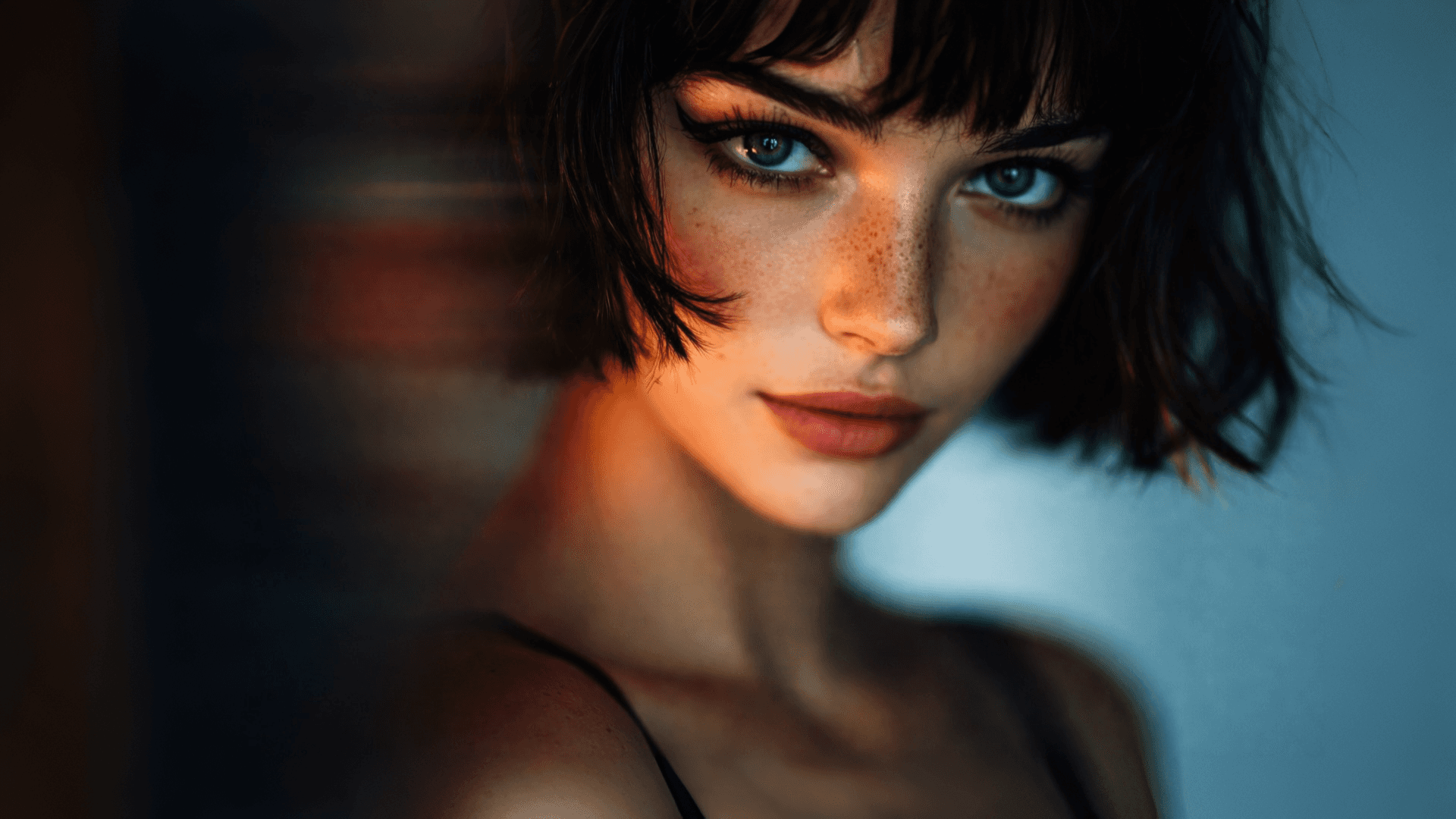 A beautiful woman with short hair and striking blue eyes, exuding confidence and charm.