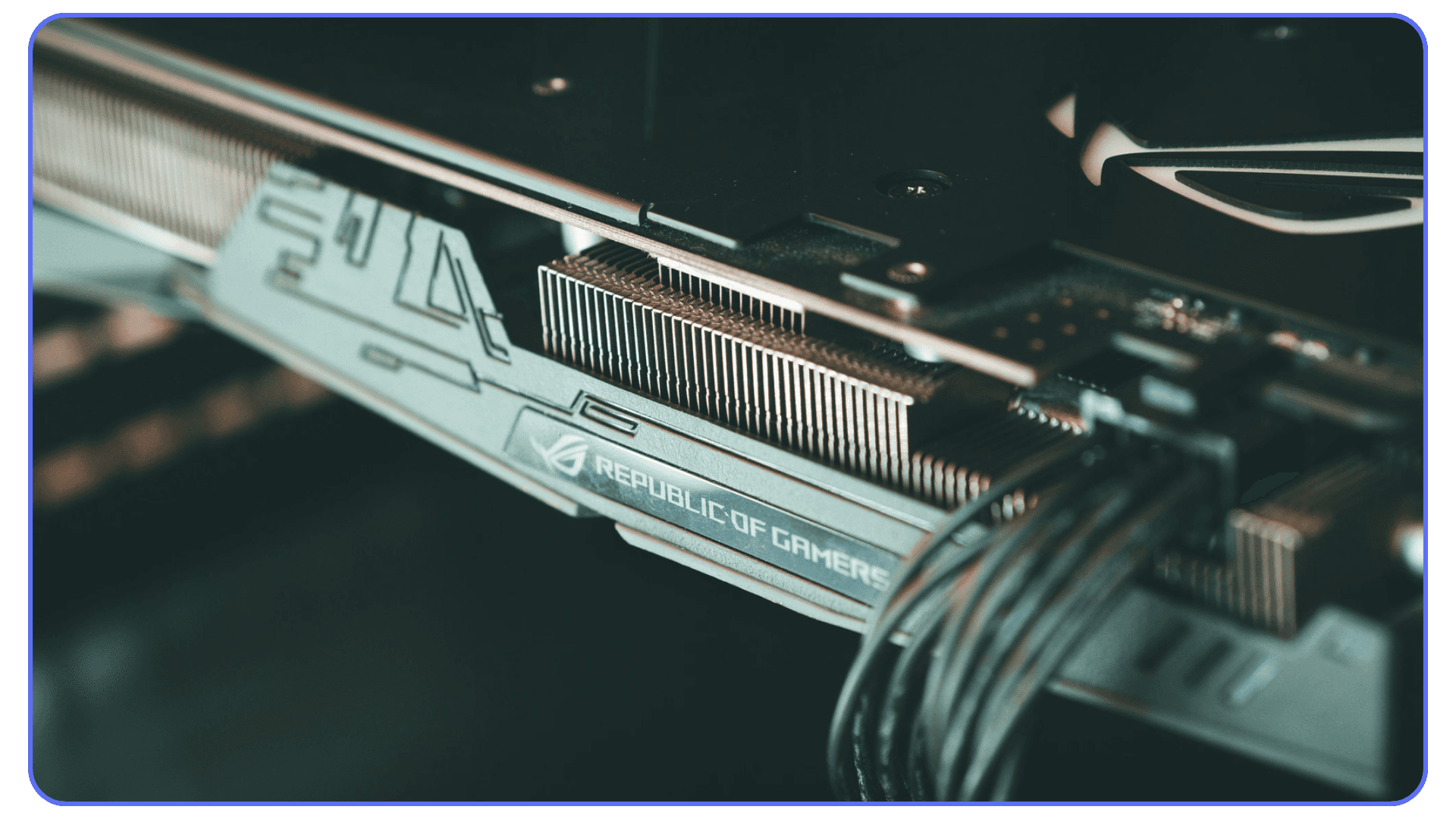 Close-up of an ASUS Republic of Gamers GPU inside a desktop case, emphasizing the importance of powerful hardware for smooth ZBrush sculpting.